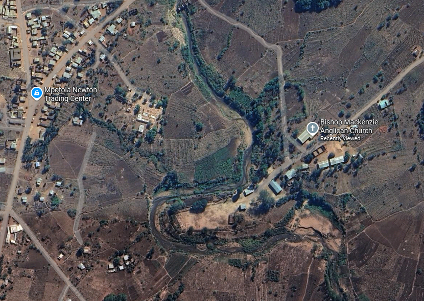 Closeup of the peninsula on the Namadze River where Bishop Mackenzie built a thatch church in 1861.  It didn't last long.  He died of malari