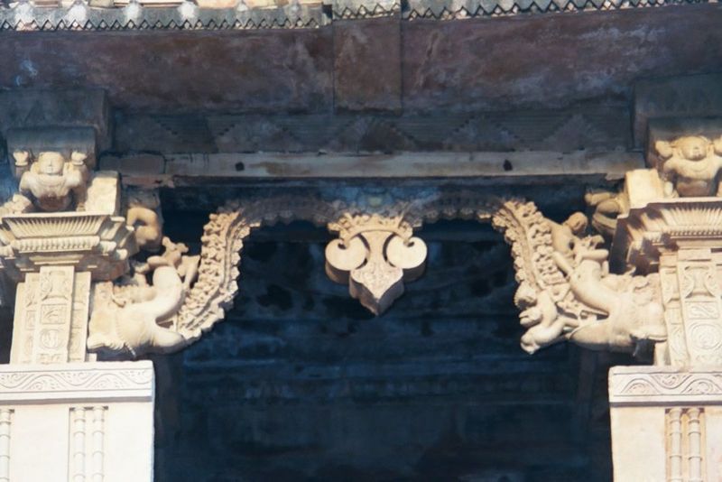 A close-up of the makara gate or torana. The disgorging of vegetation suggests the riot of unconfined nature.