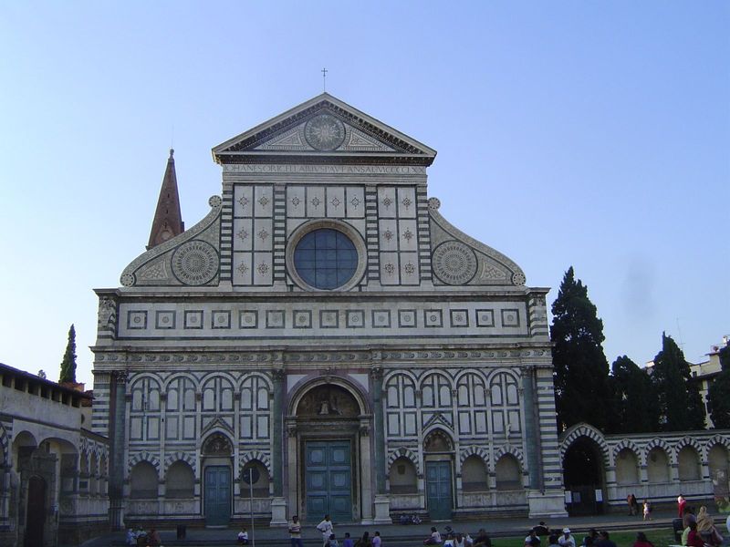 Several centuries later, the inlaid and two-storied facade still seemed appropriate. The base of the immense Santa Maria Novella was built a
