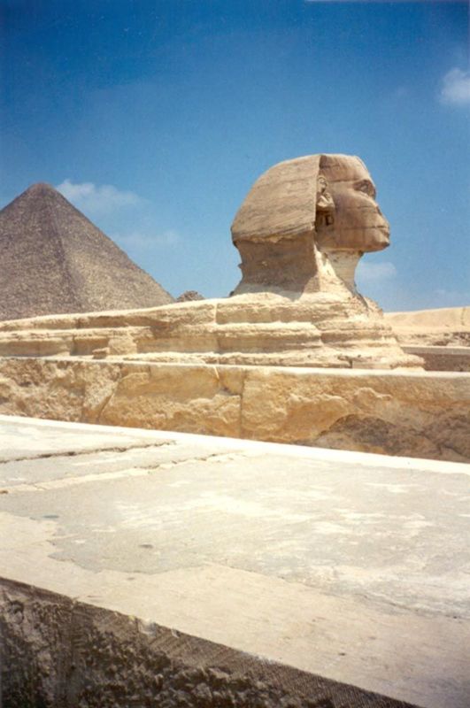 Cleaned up, with the desert sand brushed off her feet, the Great Sphinx at Giza combines a lion's body with the head of either Khufu or Khaf