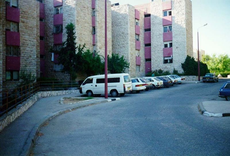 It looks like drab public housing anywhere, but this is the standard apartment building at Kiryat Arba, the settlement adjoining Hebron.