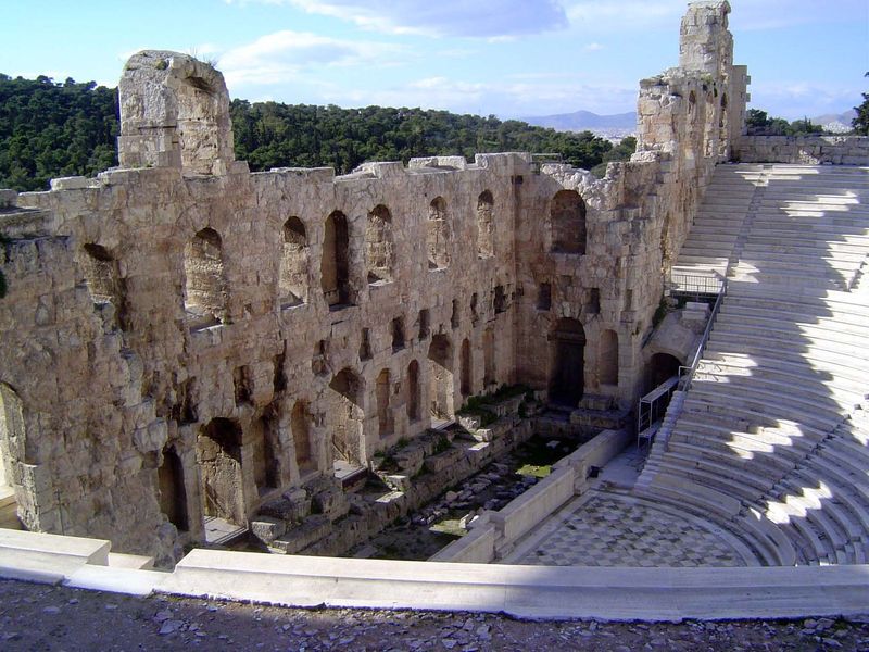 Nearly adjoining the Theater of Dionysus and on its west, this is the Odeion of Tiberius Claudius Herodes Atticus, a philanthropic Roman who