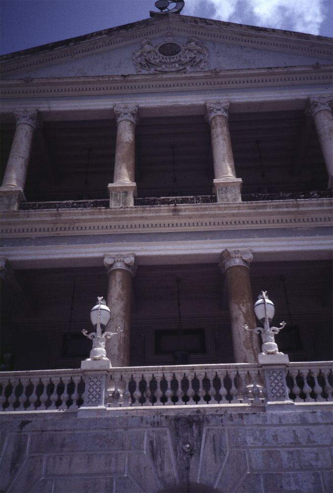 Up close: an Islamic crescent crowns the facade.