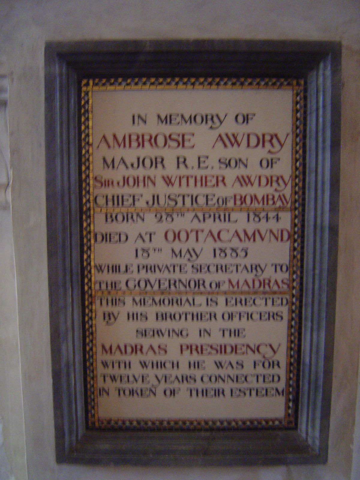 Handsome graphics; Awdry was private secretary to Gov. Mountstuart Elphinstone Grant Duff and died after falling from his horse.