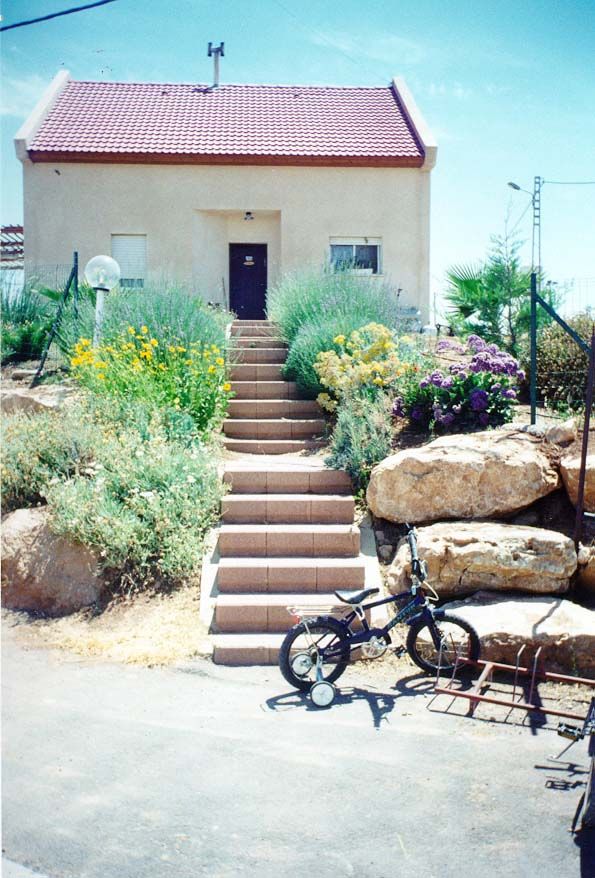 Over the hump: simple but permanent housing, with flowers and children.