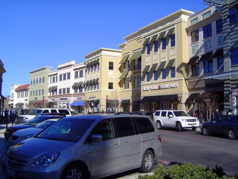 A newer addition a few miles away: Watters Creek in Allen, where the street layout departs from the habitual grid and instead meanders like 
