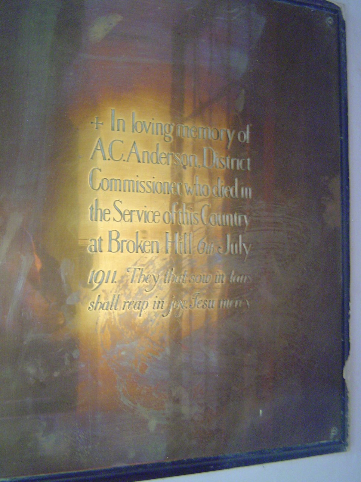 A plaque inside the church. Broken Hill is now Kabwe. So the choice of the quotation from Psalm 126 means that the British saw their work in