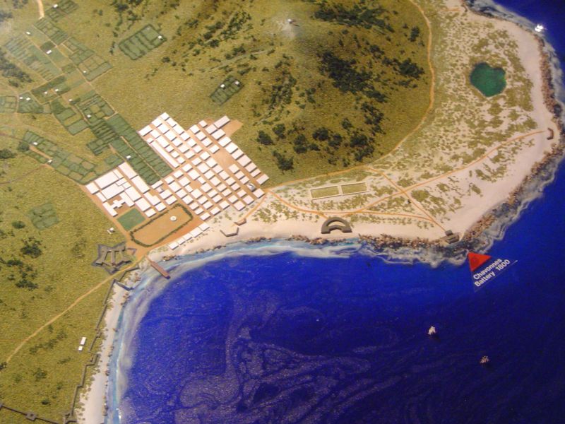 A handy museum model of Cape Town in 1800 highlights in red 1 a bit of coastal fortification, 2 the prominent Amsterdam Battery shaped like 