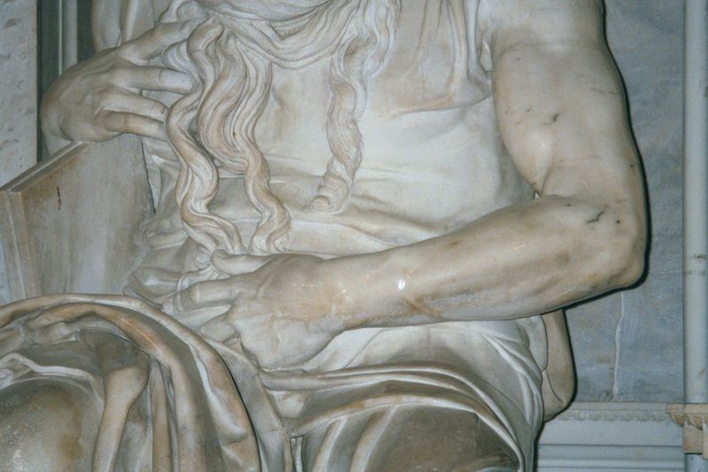 A decade after the Laocoon was rediscovered, Michelangelo carved his hard-muscled Moses. It sits a short distance north of the Colosseum, in