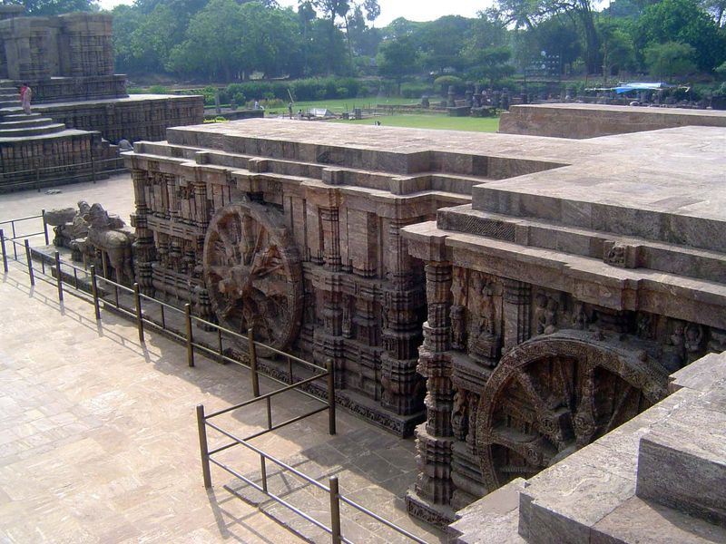 Seven horses pull the temple, which is dedicated to Surya, the sun god. The image is of the cart rising from the sea, now receded about a mi