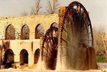 Hama's iconic waterwheels, since perhaps the 7th century lifting Orontes River water into two aqueducts, at different levels. The city has a