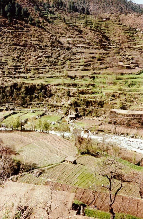 In the midst of elaborately terraced slopes, one of many grain mills can be seen, along with the channel bringing water to the penstock, the