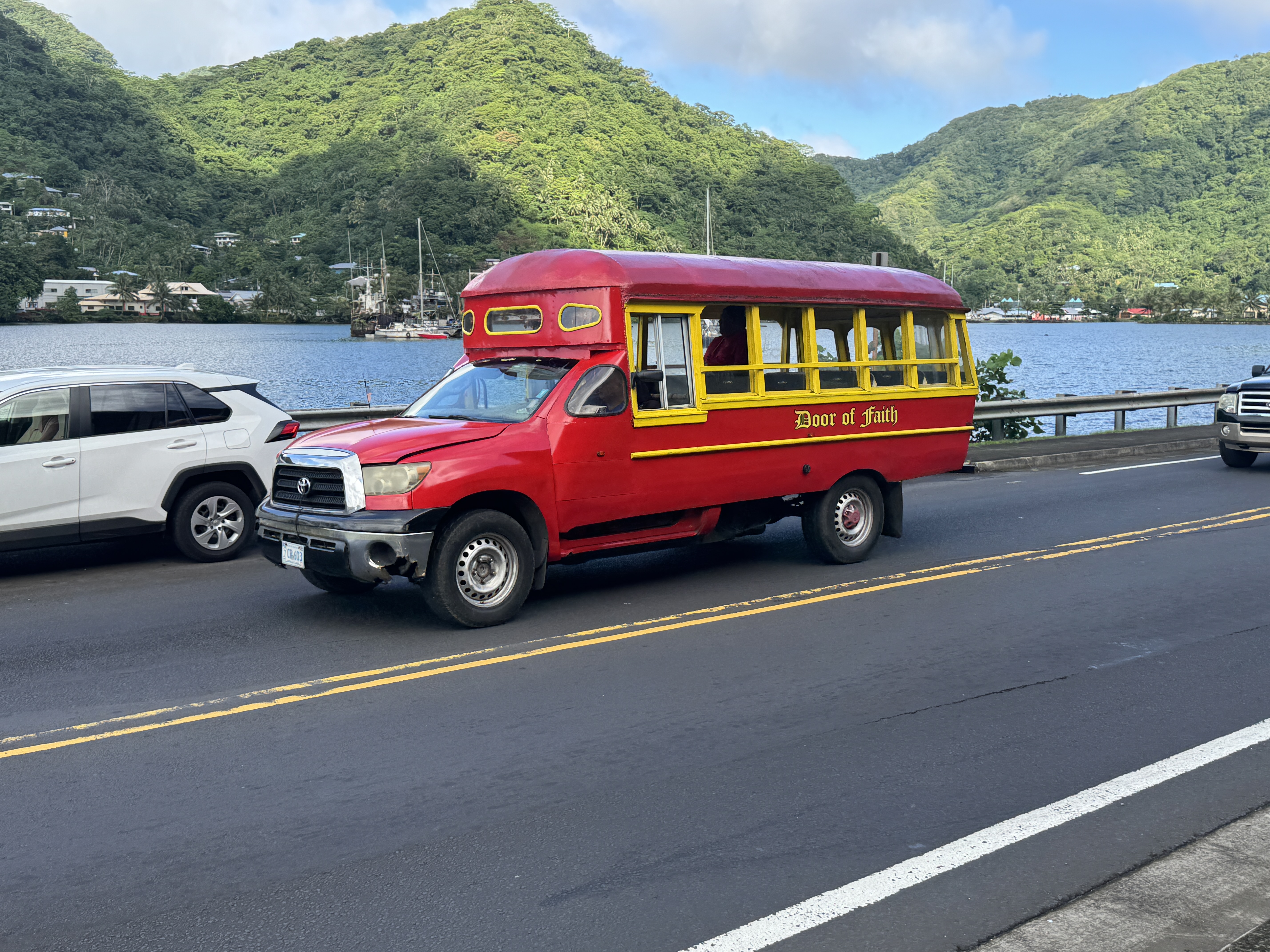 Public transport between the Tafuna Plain and the harbor depends on aiga "family" buses  The chassis is usually from Ford, but next door, in