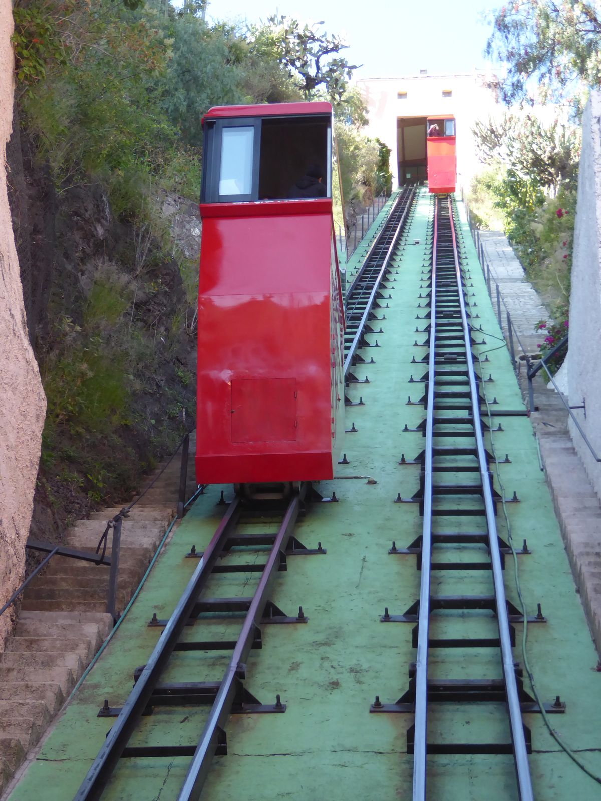 The pictures shown earlier from the ridge overlooking the city were taken after a short ride up this funicular, which may look old but isn't