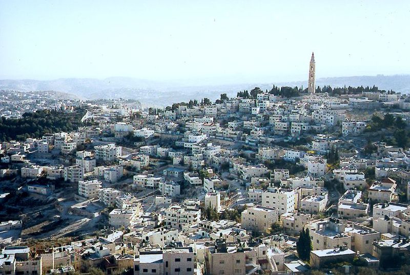 The east slope of the Mount of Olives. The view here looks south from the Augusta Victoria hospital toward the Russian Ascension Church. The