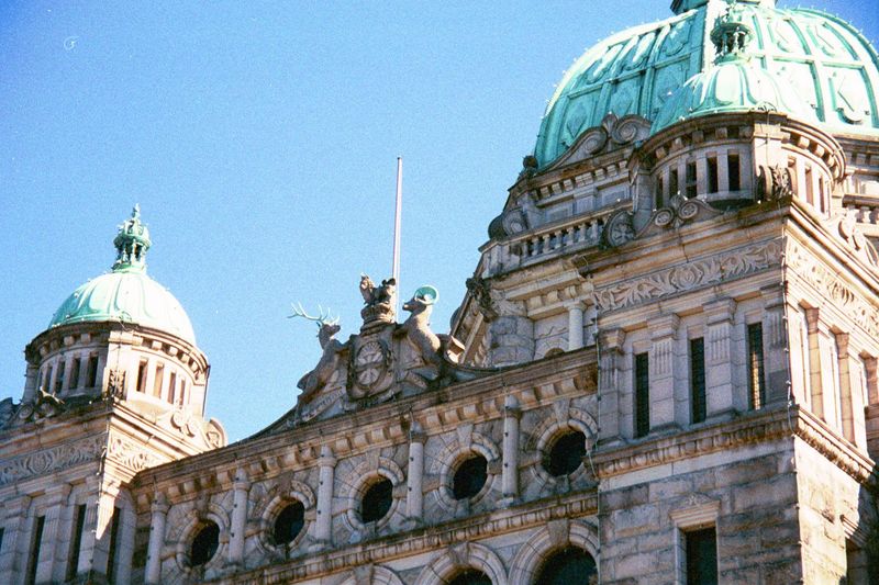 Detail showing the deer and ram symbolizing the once separate colonies of Vancouver Island and British Columbia.