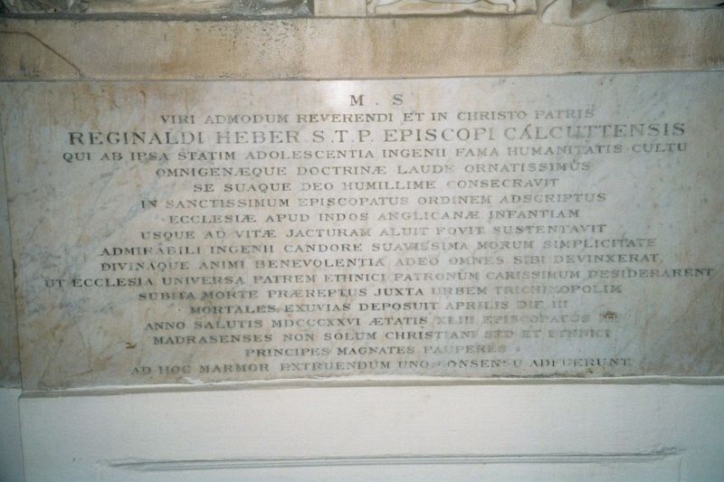 Part of the 1830 memorial to a peregrinating Bishop of Calcutta who, after 16 years as a parish priest in Shropshire, arrived in India at ag