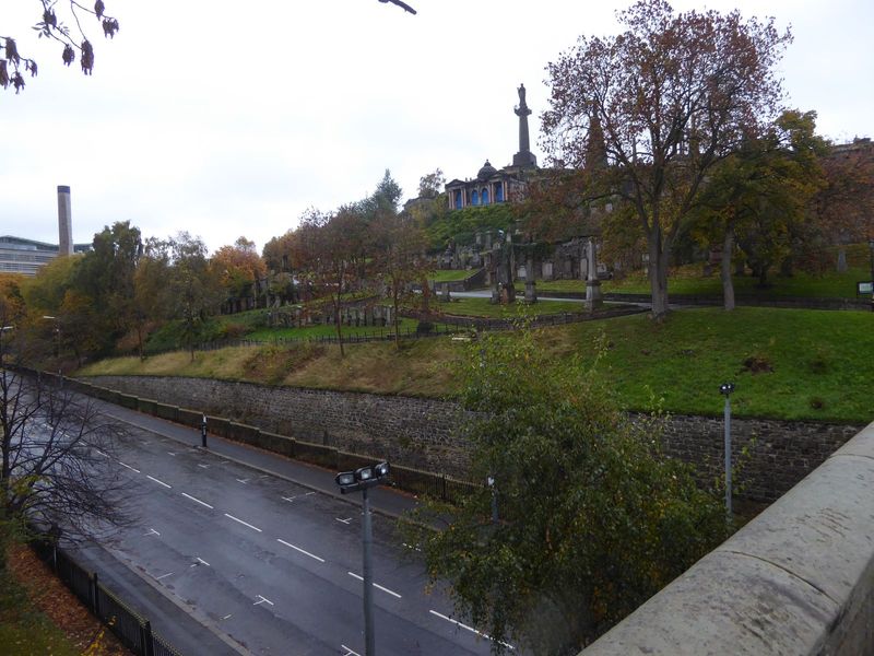 We're behind the cathedral and on the Bridge of Sighs.  Down below, High Street is here on its way north to the M8. The stack on the left be