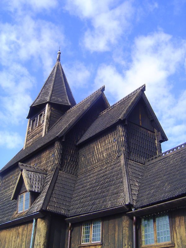 The church does have the stave church's characteristic tiered roofs. The form is said to have evolved from wooden churches in the British Is