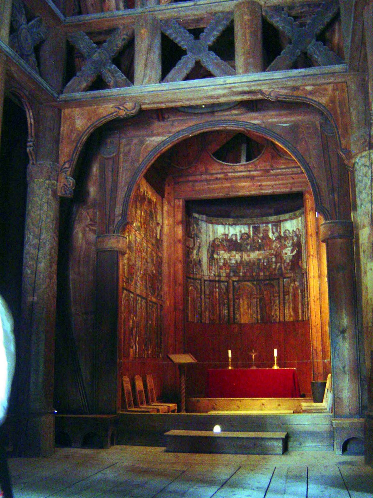 The decoration was removed after the Reformation but the painting of the Last Supper were added in 1652. Later additions of windows, benches