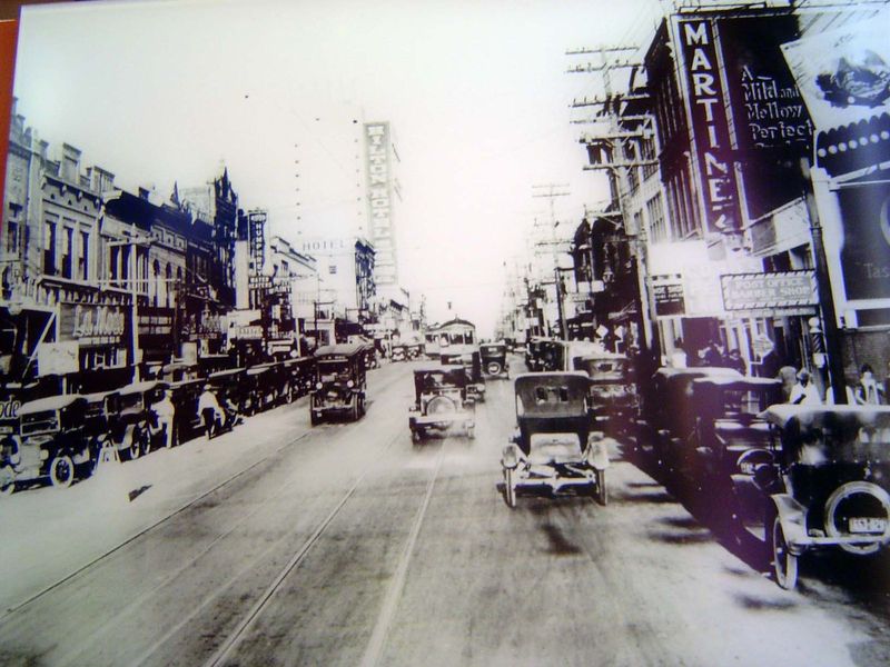 Downtown in the 1920s. In the distance is the world's first hotel to carry the name Hilton. The building still stands but has had a whole se