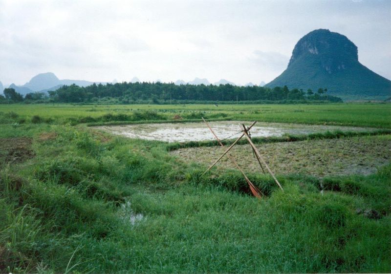 A tripod and scoop, swung back and forth to raise water, a gallon at a time.