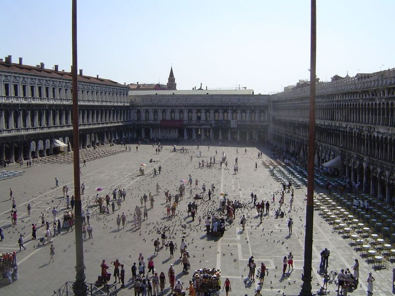 A view of the piazza, taken from the basilica. The square measures 576 by 269 feet. That's a bit over three acres, but the space feels bigge