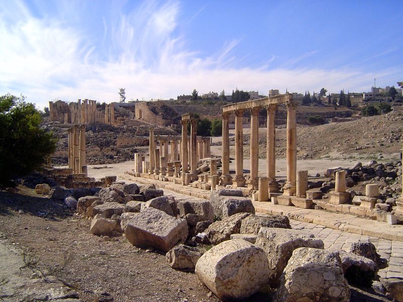 A view back along the cardo, with the Temple of Zeus and the South Theater in the background.