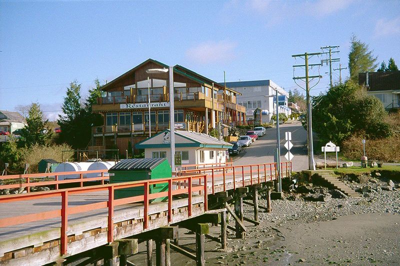 There's a government wharf at Tofino, a public facility at the foot of First Street. The large building overlooking it is a restaurant.