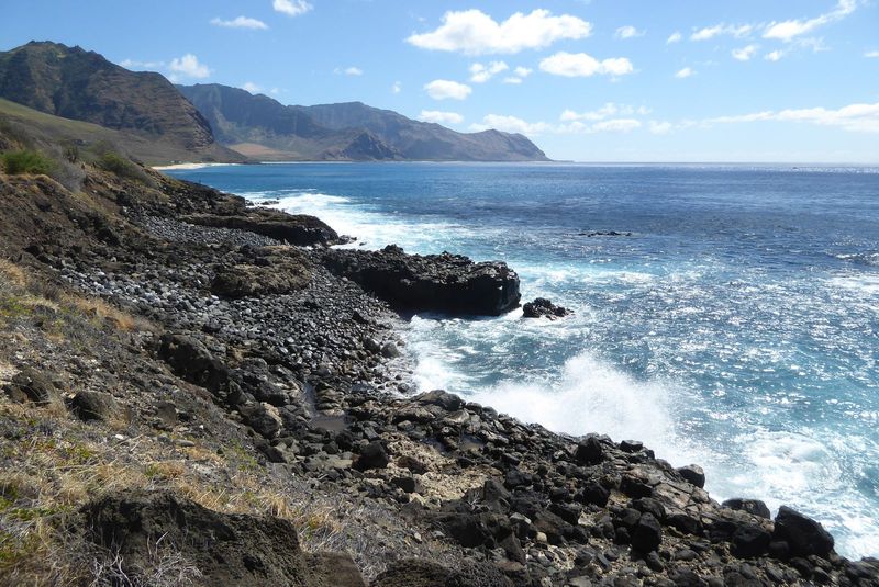 We've driven about ten miles up the coast, at a point we'll call 10 or 11 o'clock. We're in the Wai'anae District or, in Hawaiian, the Wai'a