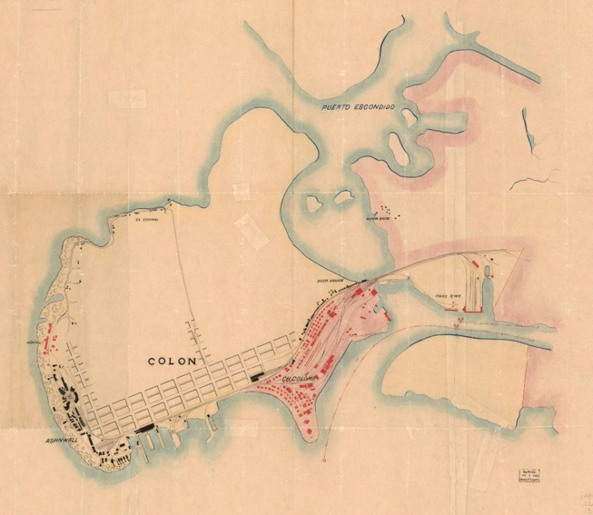 Plan de Col n, a map held by the Library of Congress and dated 1850: Cristobal is in pink,the railroad quarters are out at Aspinwall or what