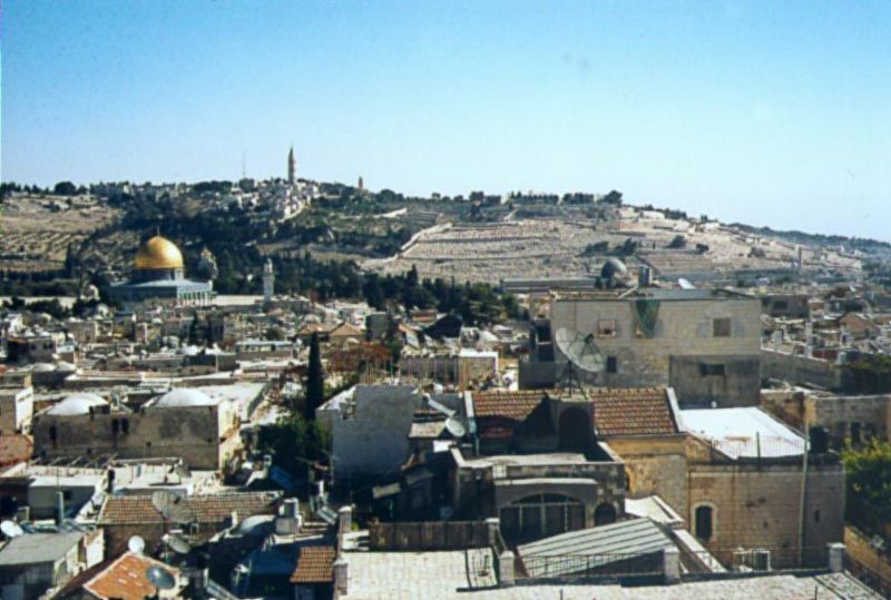 The greenery includes the Garden of Gethsemane, at the base of the Mount of Olives. To its right, an immense Jewish cemetery sprawls with sh