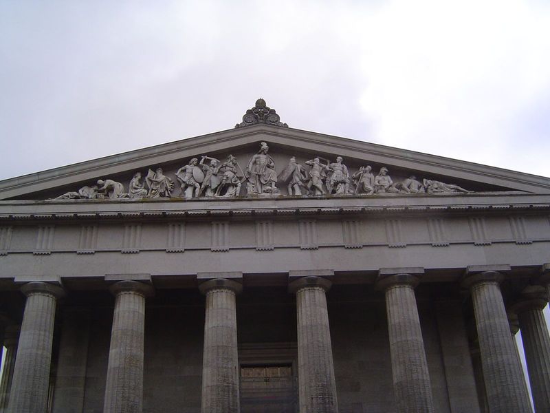 The iconography of the pediments has nothing to do with Athens, however. This, the northern one, shows the battle of Teutoburg Forest, at wh