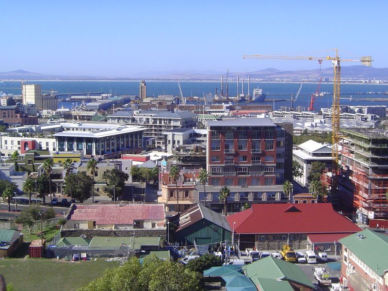 We're not on a high floor: instead, we're on a hilltop above Malay Town, and we're going to pan right. The V\&A Waterfront is at the water's