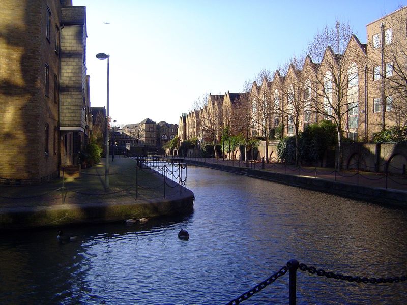 Housing along the same canal. It's a far cry from the 1850s, when Henry Mayhew wrote about these docks: "Along the quay, you see now men wit