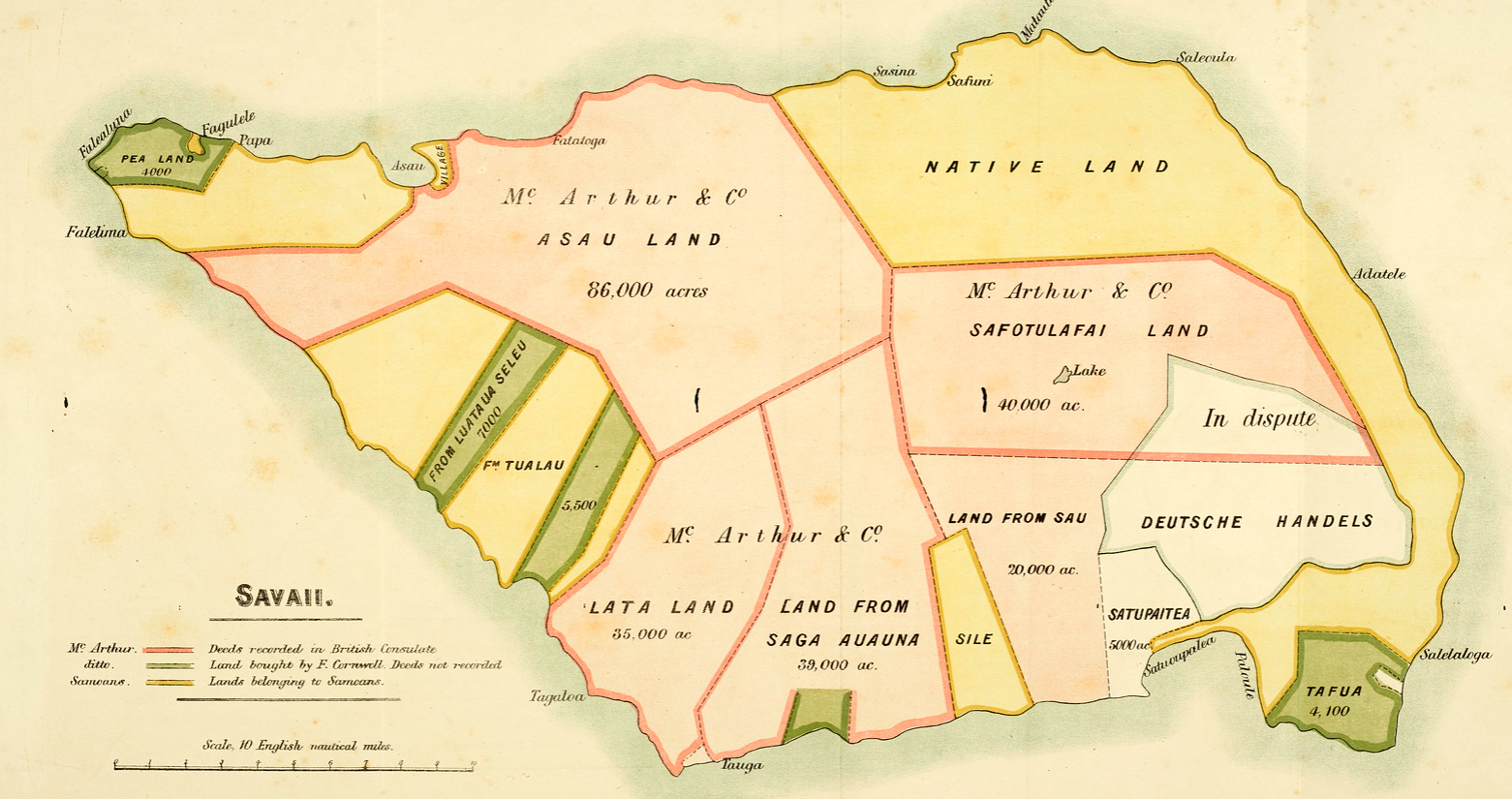 This astonishing map from 1886 shows the highly contested claims of William McArthur to most of the island.   For the gory details of this, 