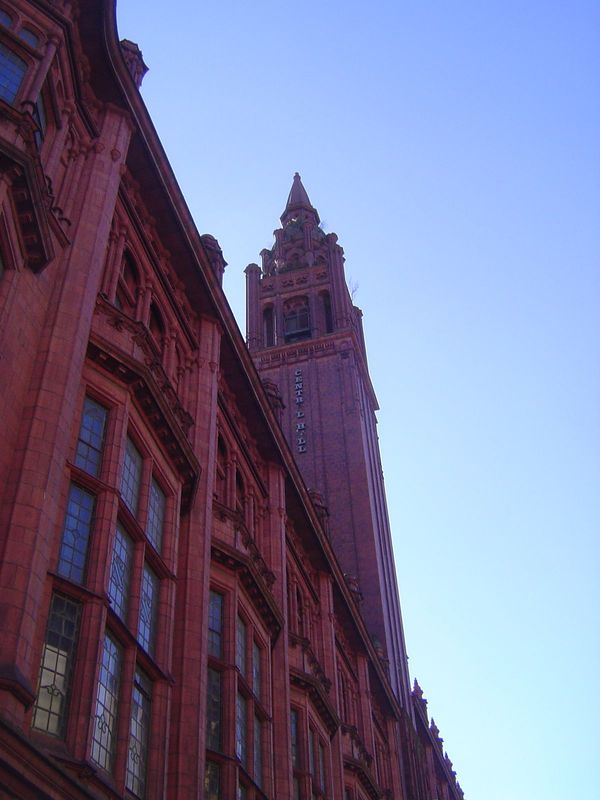 The sign on the tower tries to say Central Hall. That would be be the Methodist Central Hall. Ewen and J. Alfred Harper built the place to s