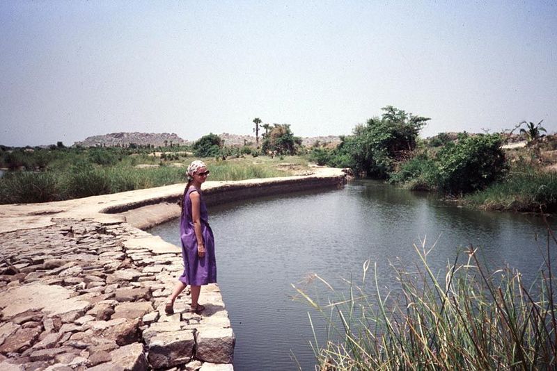 The irrigation channel is "open-mouthed," reaching into the river then narrowing as it begins to leave the river's course. This channel is a