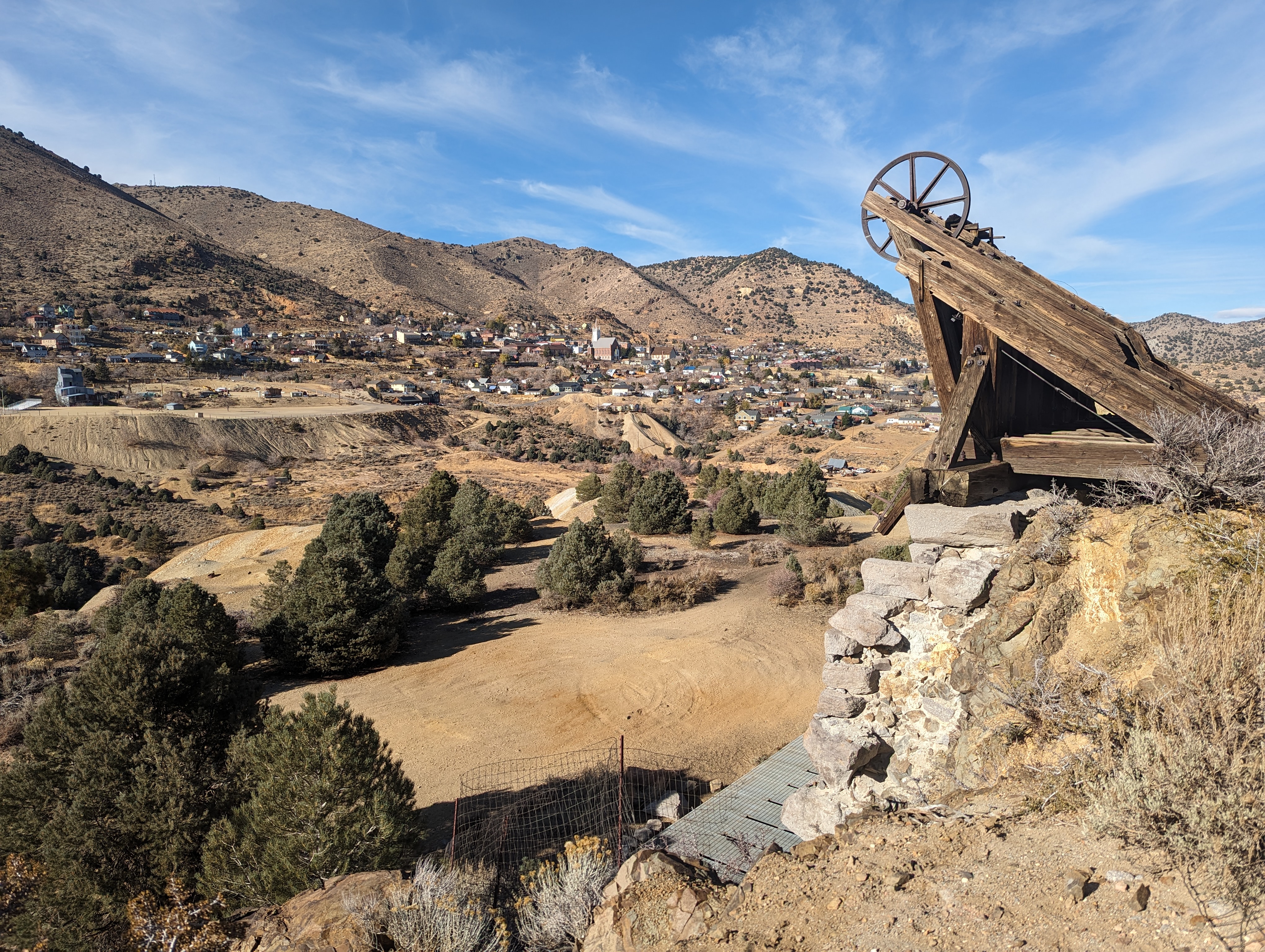 Here's the view from the top of the hoist, with Virginia City off to the north.