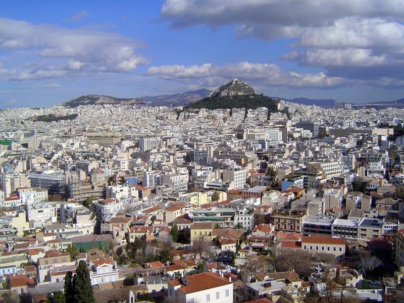 Looking northeasterly from the Acropolis across the old district of Syntagma "Constitution" to Lykavittos Hill, which is to say "Wolf Hill H