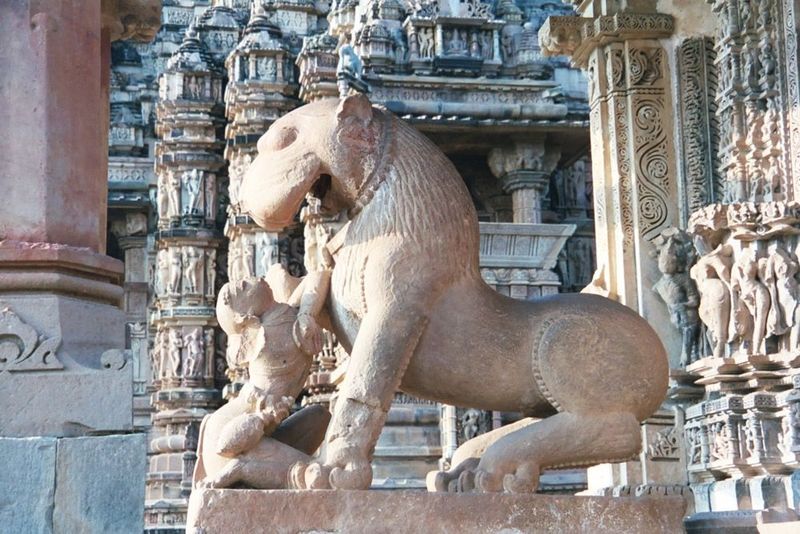 The Chandelas dynasty built Khajuraho. Here is one of their icons: a hapless man battles a lion. Guess which of the two represents the Chand