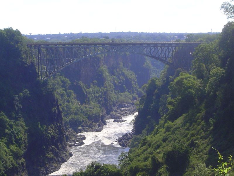 Downstream a few hundred yards is the Victoria Falls Bridge, built in the UK, shipped to Mozambique's Beira, brought here by rail, then reas