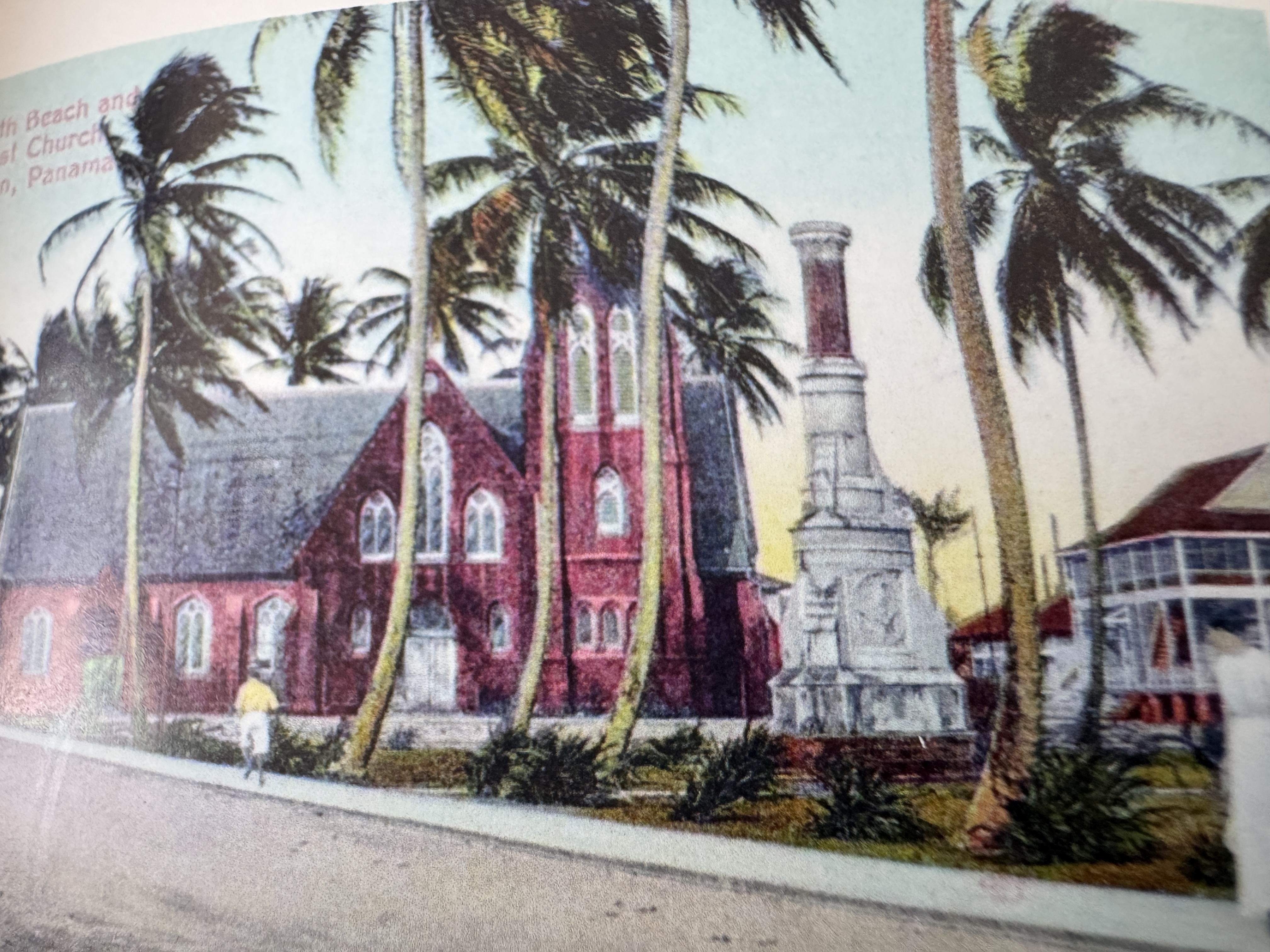 A postcard of the church and of the monument before it was moved to the other end of the Paseo.  Edith Crouch, Architecture of the Panama Ca