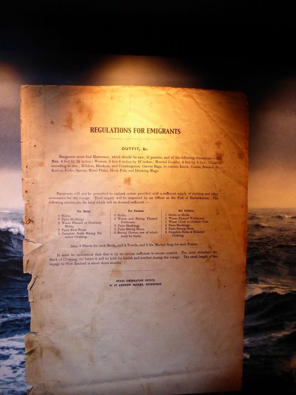 Here, also in the museum, is a handbill of regulations governing the pioneers' departure for New Zealand. It's posted in a mock-up of a tiny