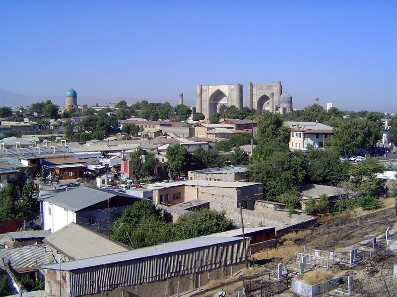 Bibi Khanum consists of two great pishtaqs around a courtyard; behind the one on the right, and hidden from view, is an immense dome.