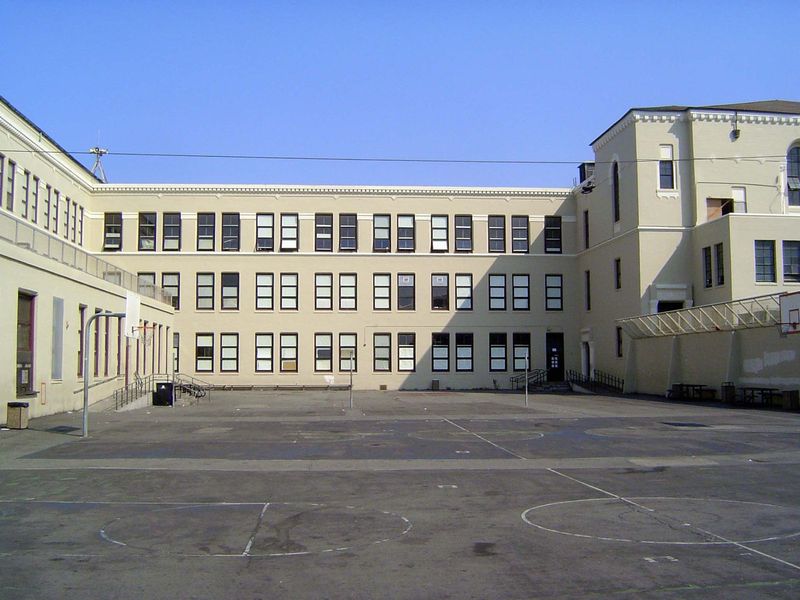 The main school yard, with the so-called "tunnel" hidden at the upper left and leading inside. The room at the upper right, before the wing 