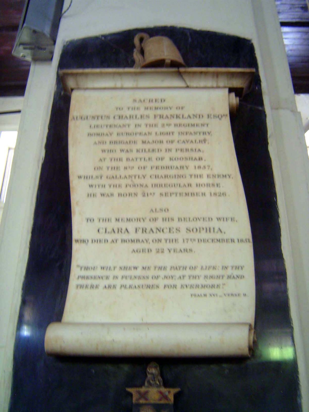 Monument with tarboosh or fez. Frankland part of a British army that was ambushed while retreating from Persia after forcing the Persians to