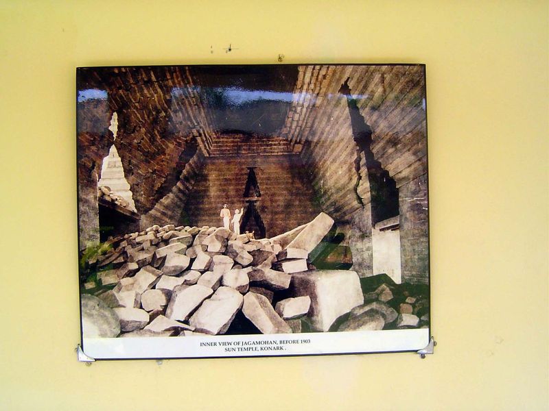 A photograph of the partially collapsed interior of the temple before it was filled with a layer of rock pressed flush against the walls, th
