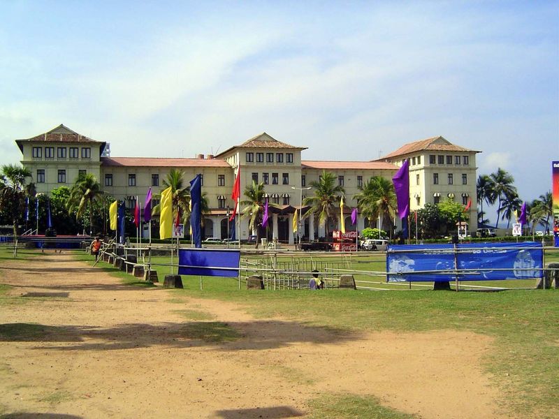 The Galle Face Hotel, seen here from Galle Face, a strip of open beach frontage set aside as a park by the British and even more valuable no