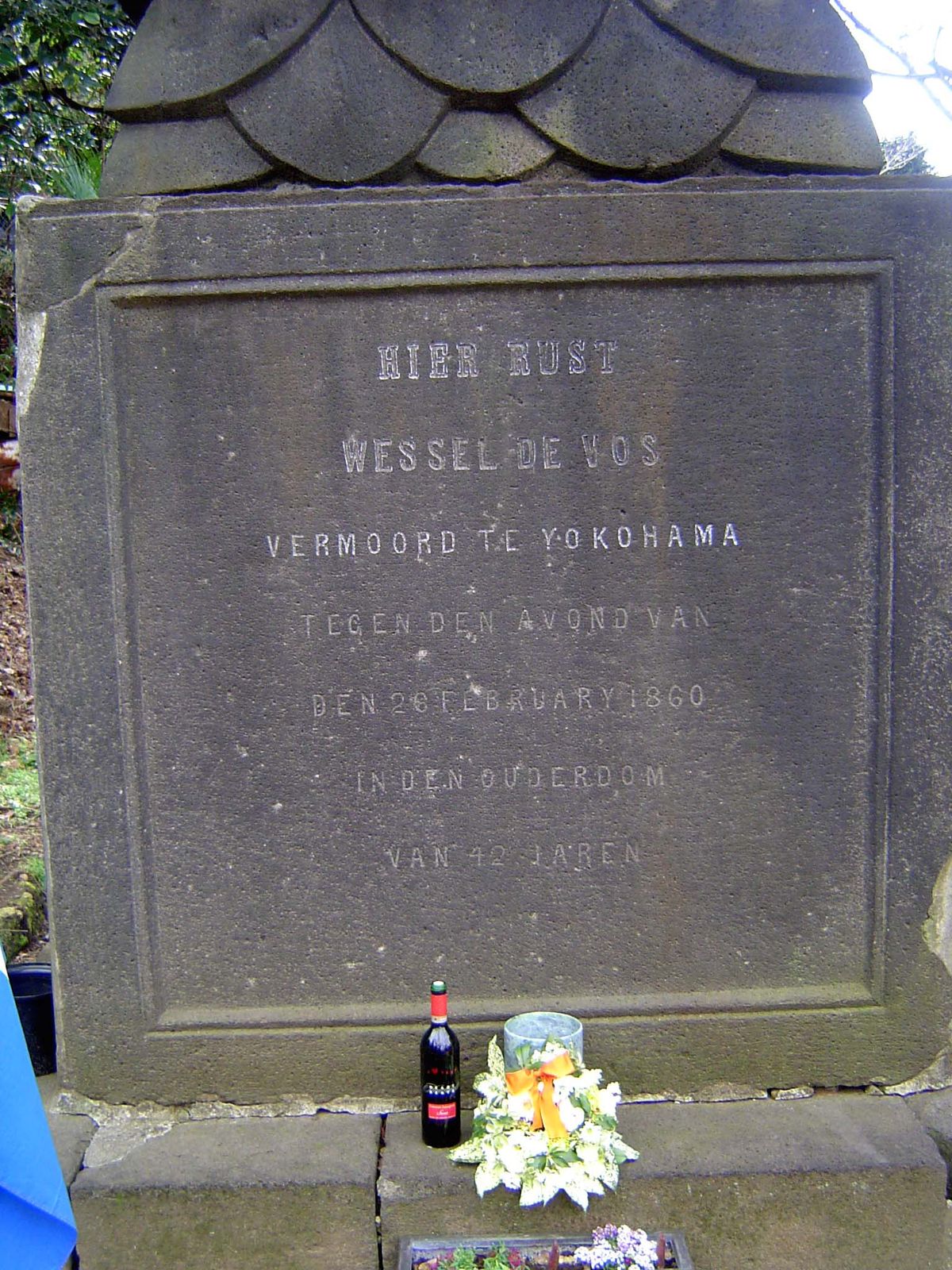 Here Rests Wessel de Voss, murdered during the evening of 26 February, 1860, at the age of 42 years.